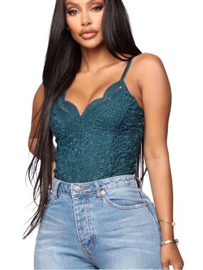 {iris} Teal Lace Overlay Camisole Bodysuit